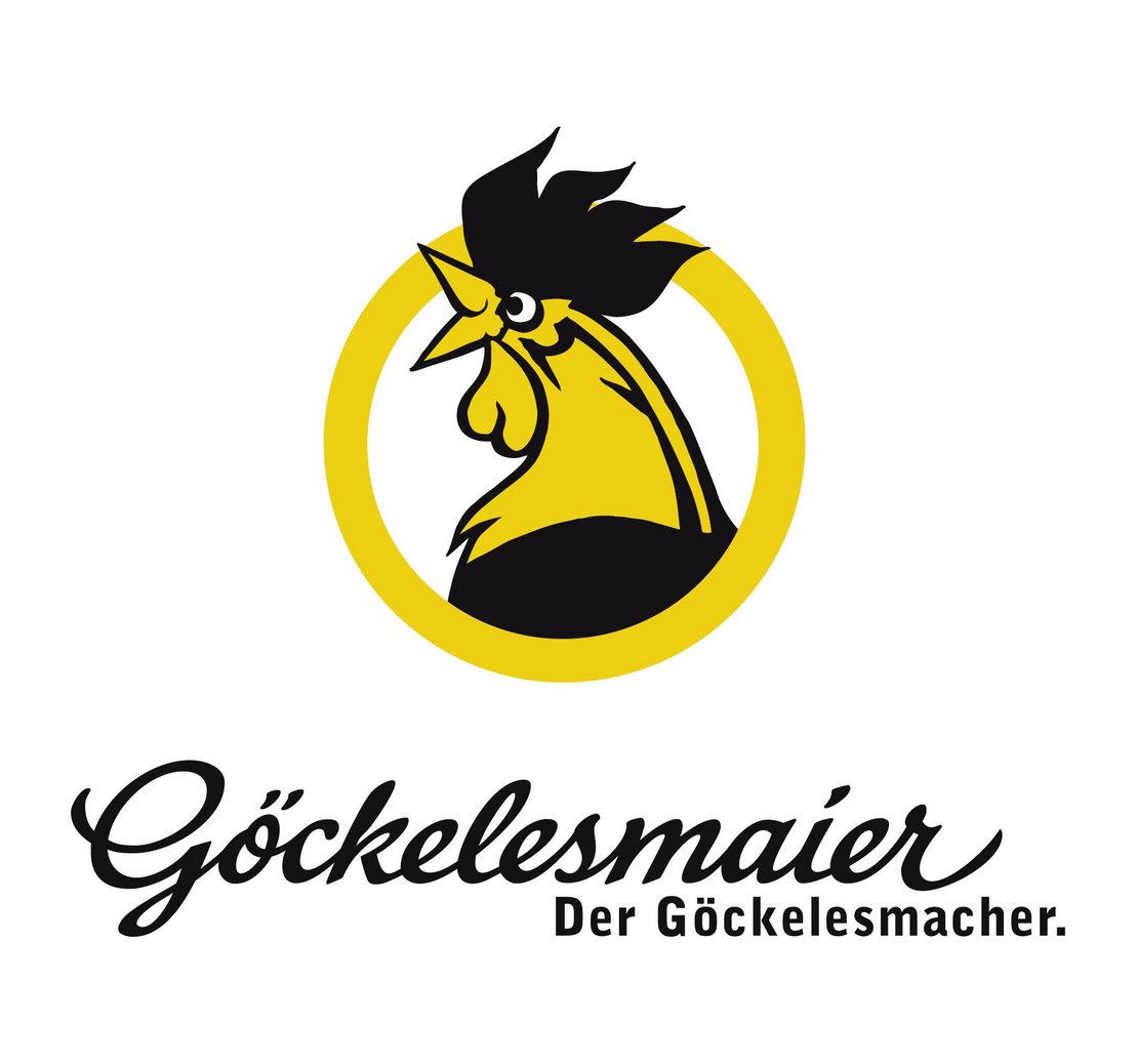 Logo von Göckelesmaier - Ein nach links krähender Hahn in schwarz und gelb in einem gelben Kreis. Darunter steht Göckelesmaier - der Göckelesmacher 