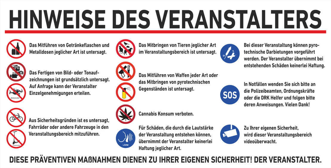 Eine Grafik mit Hinweisen des Veranstalters, was alles nicht erlaubt ist: Eigene Getränkeflaschen, Foto- und Videoaufnahmen, Drohnen, Fahrräder, Roller/Scooter, Tiere, Waffen, Reizgas, Cannabis.