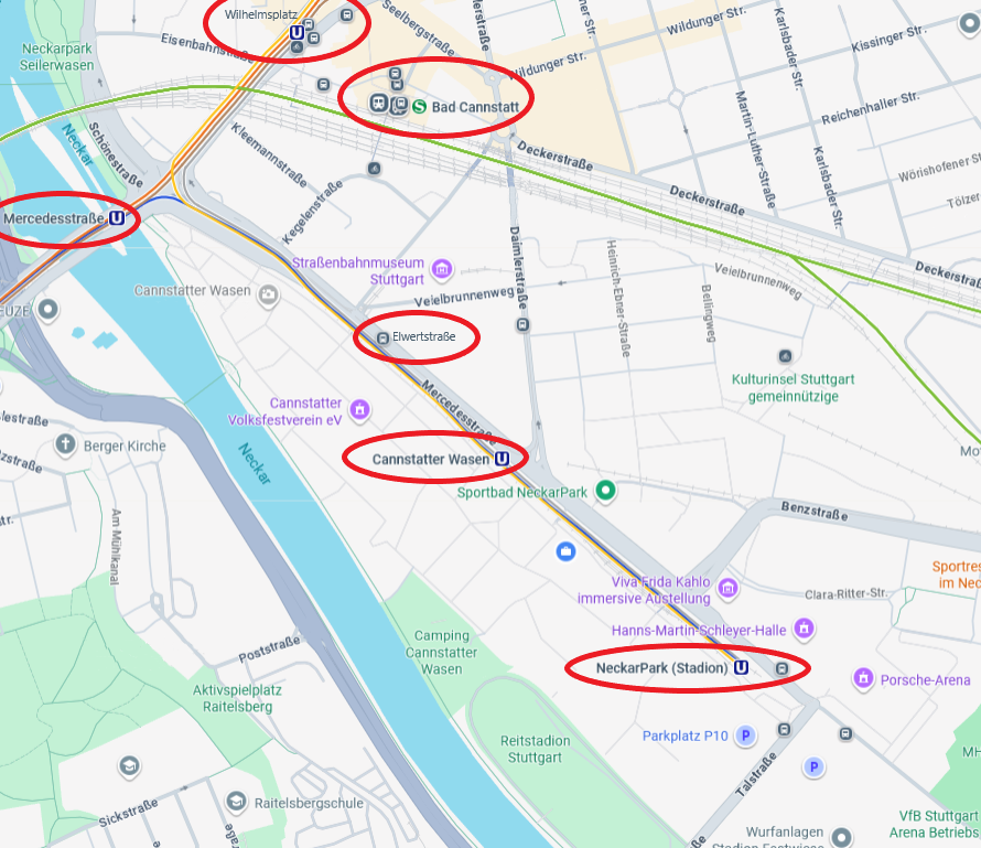 Eine Karte vom Gebiet rund um den Wasen mit den Haltestellen von Bus und Bahn in rot eingekreist